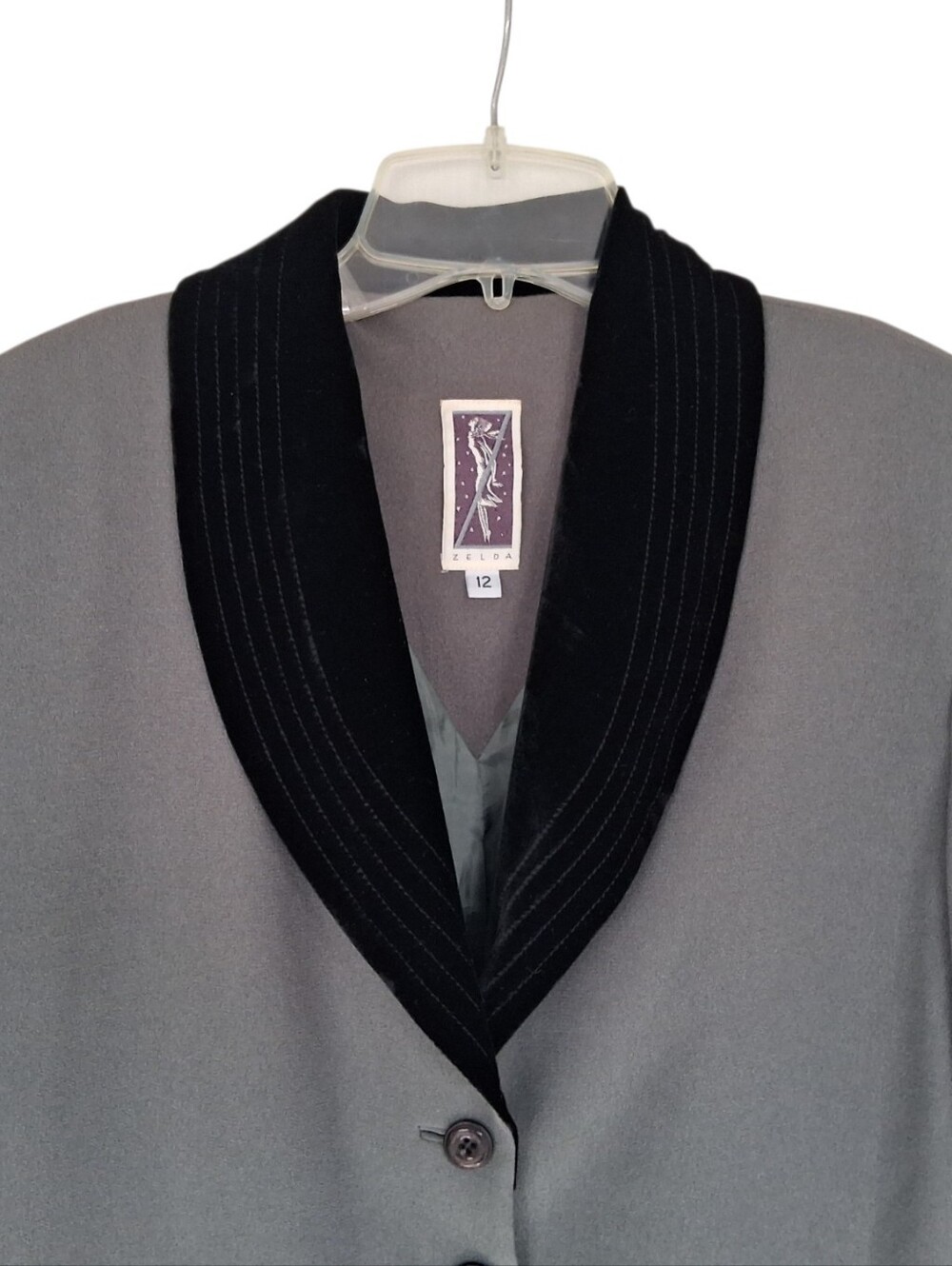 vintage Zelda Women's Gray Blazer with Black Velvet Shawl Collar Size 12 - Picture 9 of 10